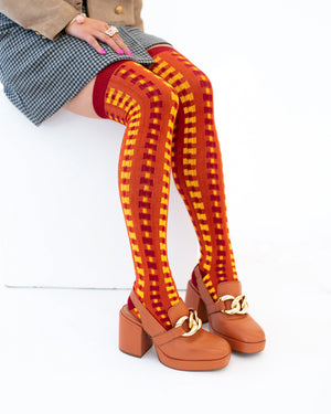 Sock candy interlocking plaid knee high socks and loafers cozy fall socks